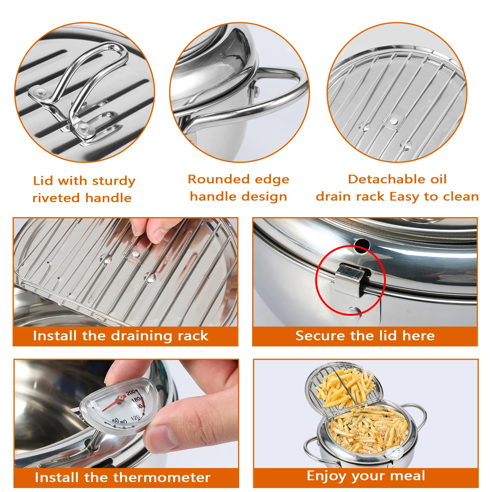 Deep Fryer Pot with Thermometer and Strainer Basket Stainless Steel Oil Mini Fryer for Frying Fish Chicken Kitchen Cooking Tools