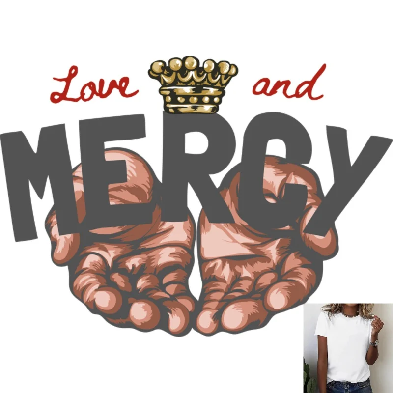 Trendy 'Love and Mercy' Palm & Crown Pattern Heat - Transfer White Ink Iron - on for T - shirts, Canvas Bags, Casual & Versatile
