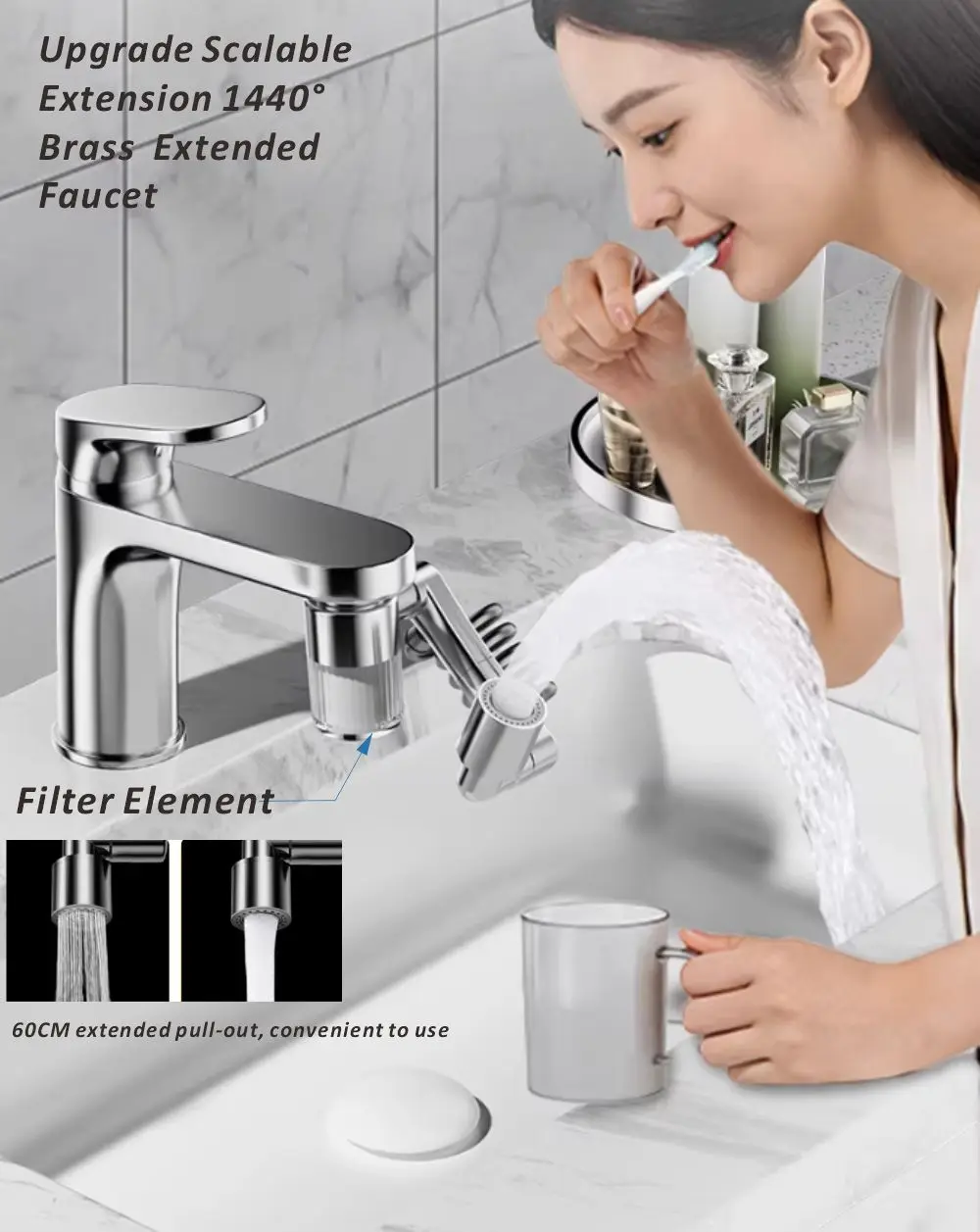 1440° Rotatable 60cm Scalable Metal Faucet Bathroom Splash-proof Bubbler Kitchen Faucet Filter Nozzle Tap Saving Water Extender