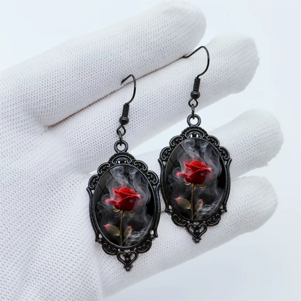 New Red Rose Pendant Earrings Flower Art Black and White Lace Earrings Oval Glass Photo Niche Jewelry Romantic Gift Party