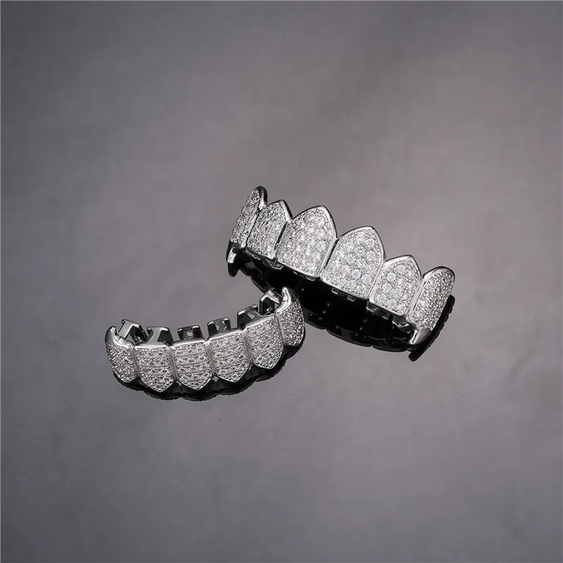 Feel Style Iced Out Teeth Grillz Set für Unisex Zirkonia Micro Pave Top Bottom Box Verpackung Hip Hop Schmuck für Männer Frauen