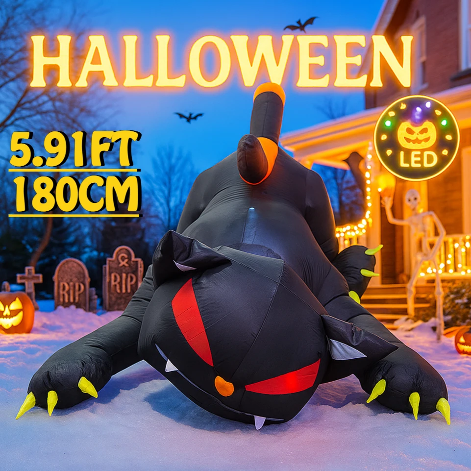 5.91FT في الهواء الطلق عطلة الديكور هالوين القط الأسود لعبة يهز رئيس حديقة حفلة المدمج في أضواء LED ساحة ديكور ديكور المنزل
