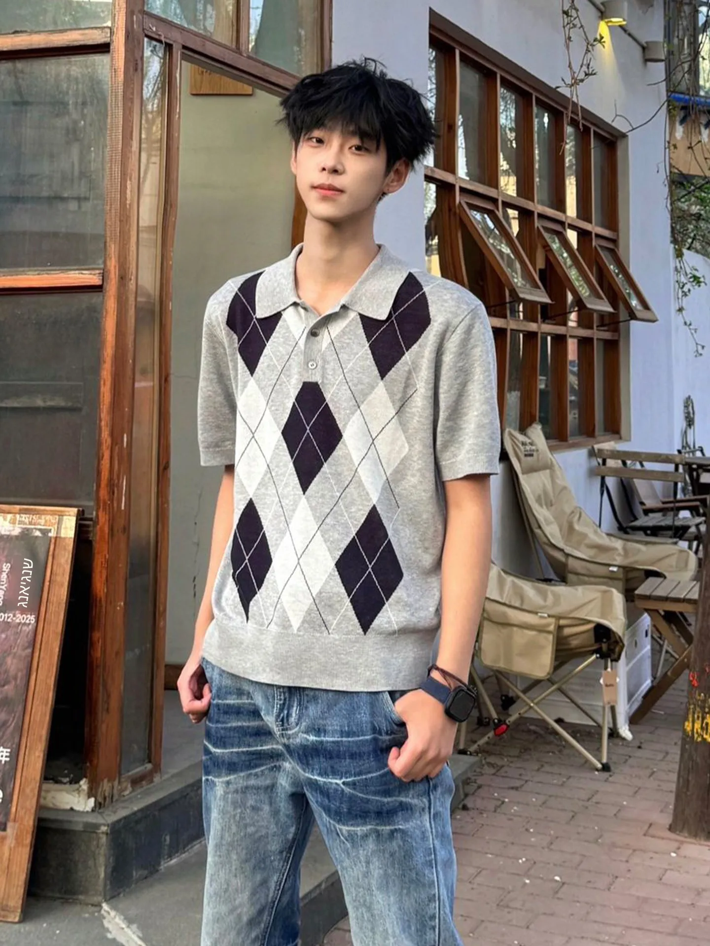 Light Grey Knitted  Shirt Short Sleeve Men's Summer Flip Collar T-Shirt High Intelligence College Style Half Sleeve
