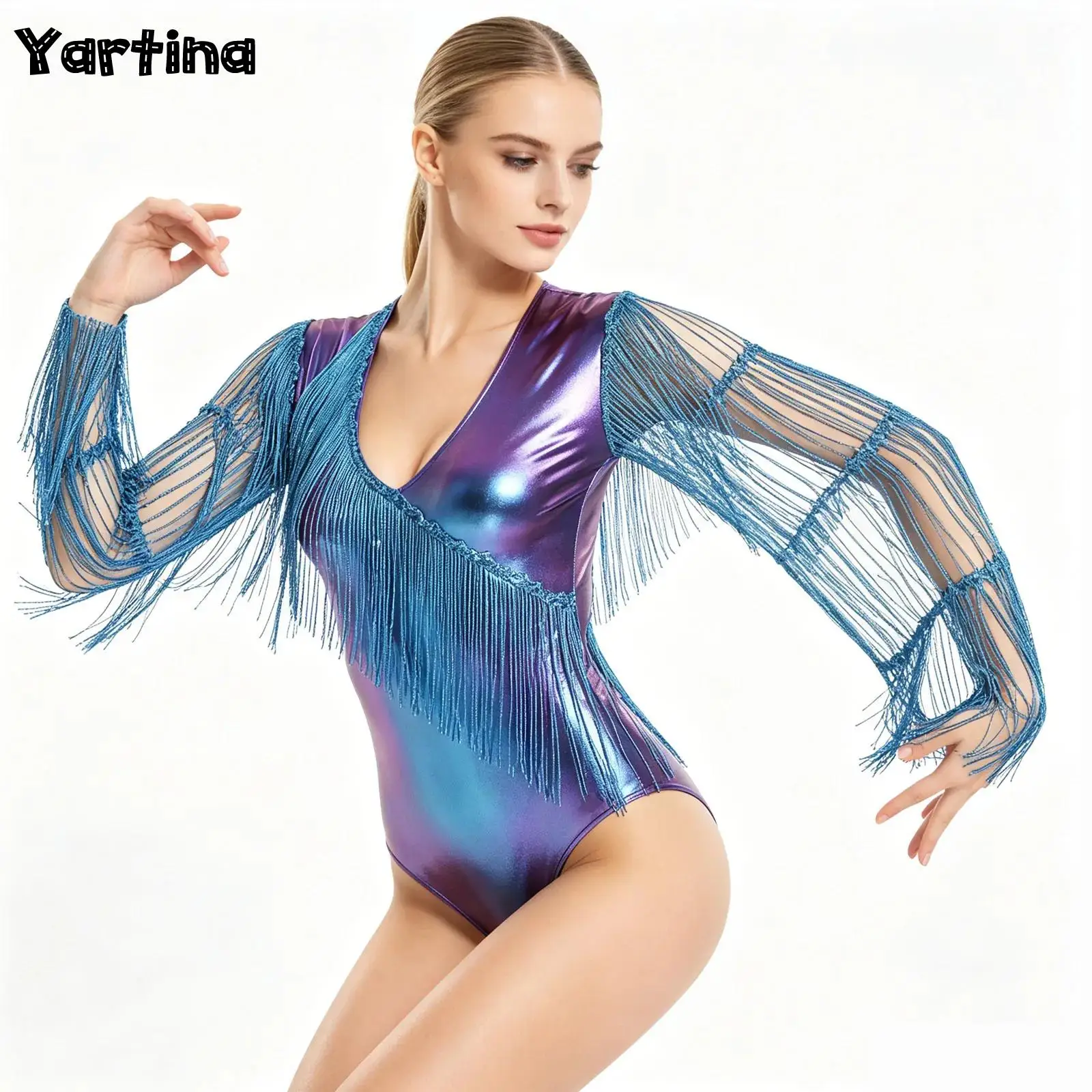 Traje de Danza para Mujer, Gimnasia, Ballet, Jazz, Leotardo Metálico Brillante con Flecos, Bodycon con Lentejuelas y Borlas, Ropa de Fiesta