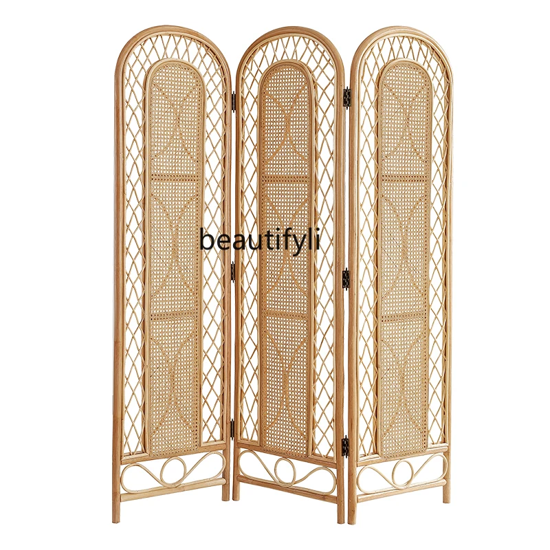 

Natural Real Rattan Woven Subareas Screens Living Room Entrance Covering Removable Bedroom Curtain Folding