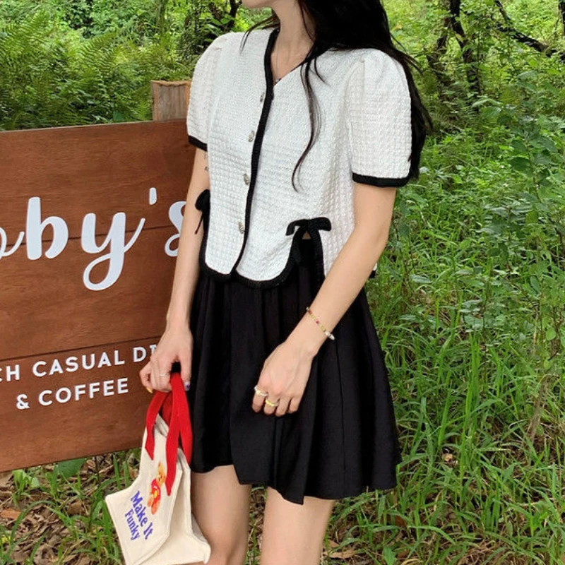 2 Pcs Sets Women Panelled Vintage T-shirts Elegant Folds Mini Skirts Aesthetic Summer Dating Basics Holiday Mujer Casual Ulzzang