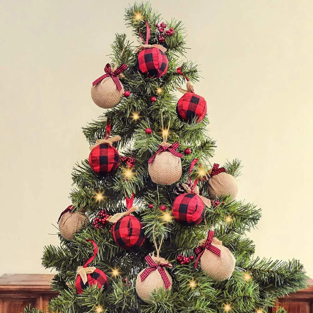 Christmas Tree Ornaments, 12 Pcs 2-1/2 Inches Red Black Buffalo Check Plaid Stitching Burlap Christmas Decorations