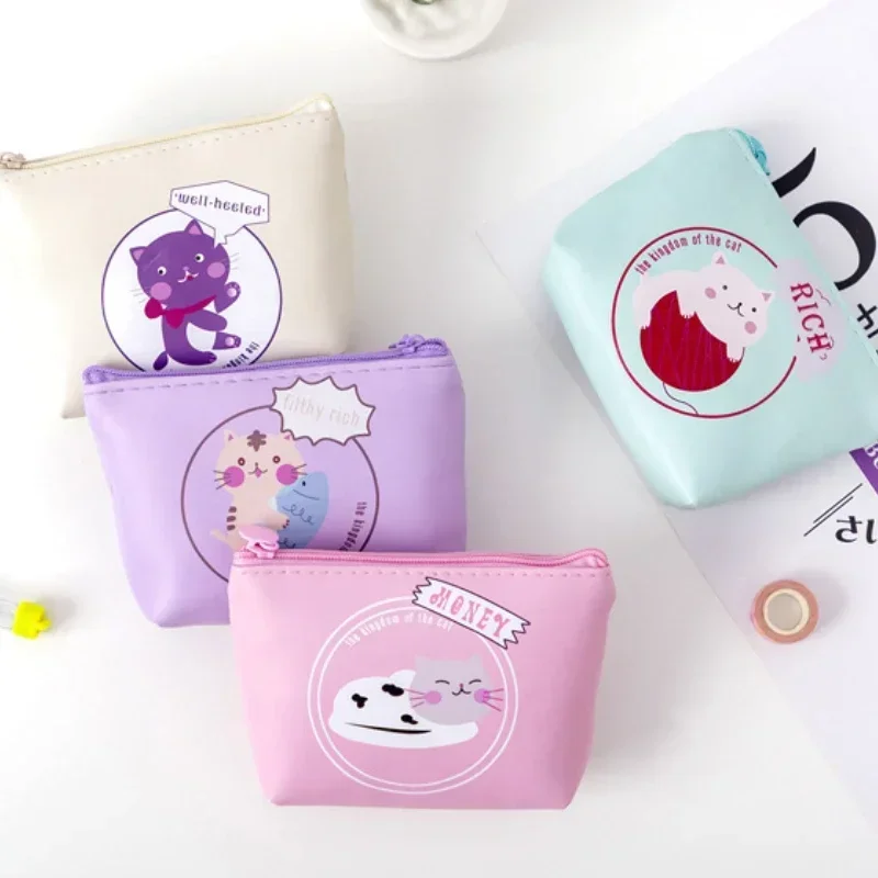 PU Multifunctional Coin Key Storage Bag Bank Credit ID Card Holder Sanitary Pad Organizer Cartoon Cute Cat Printed Coin Purse