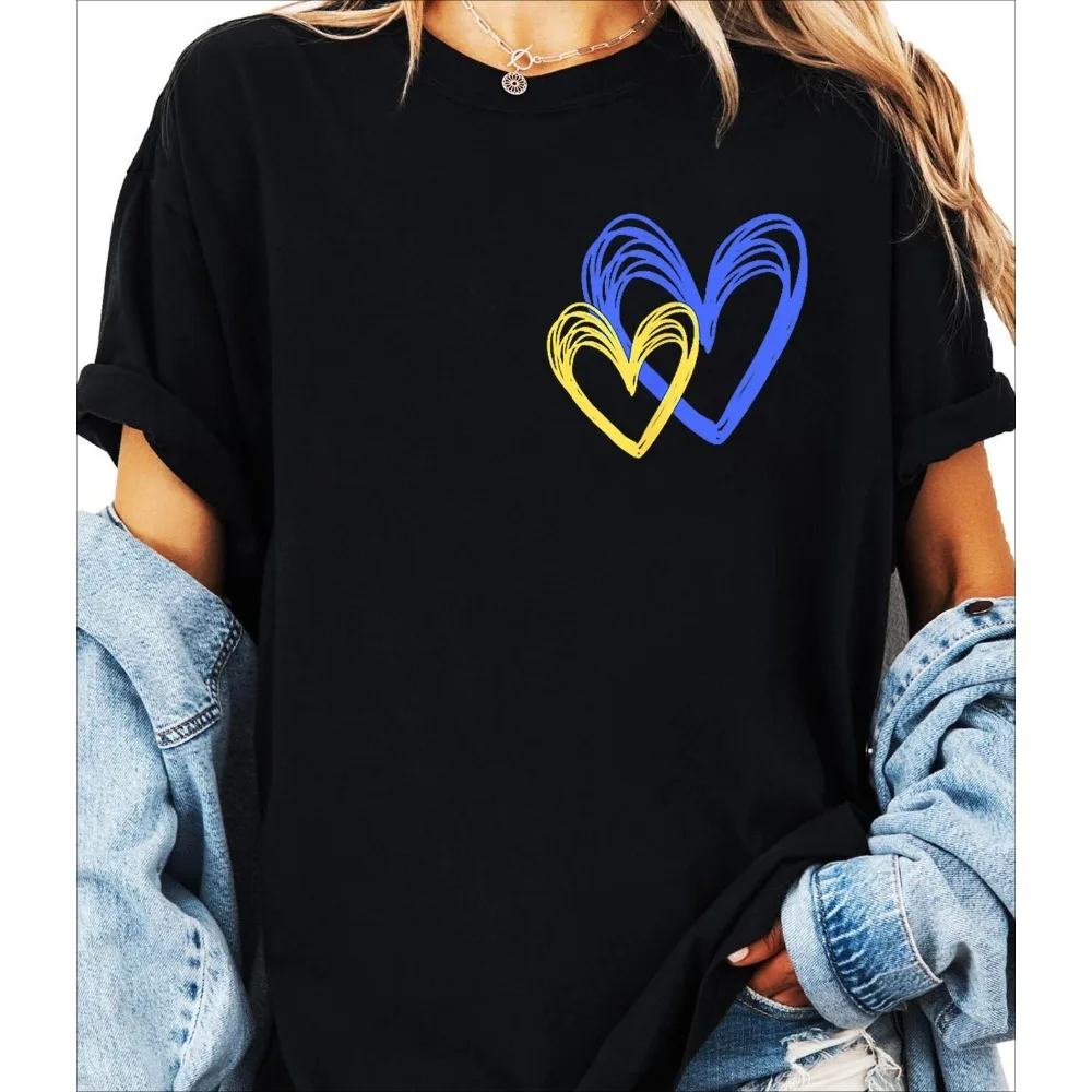 

Women's Ukrainian Love Heart Print TShirt with Yellow Blue Hearts Short Sleeve Crew Neck Casual Top Summer Comfortable Fit Shirt