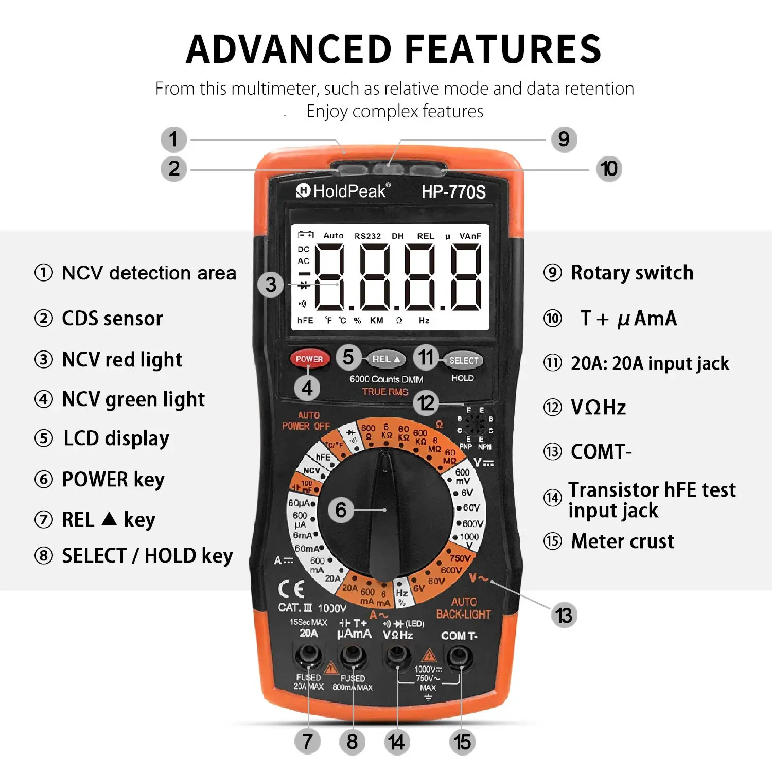 Imagem -02 - Holdpeak Multímetro Digital Hp770s 6000 Contagens Manual Variando Medida com Precisão para ac dc Tensão Tester Ncv Resistência