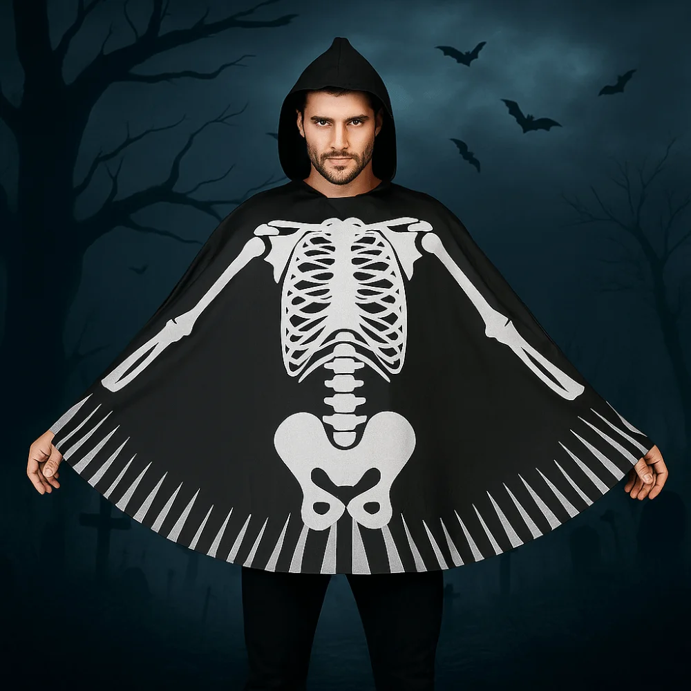 Moda Panno Scheletro Mantello Goth Con Cappuccio Puntelli di Halloween Costume Cosplay Make Up Teschio Ossa Mantello Festa