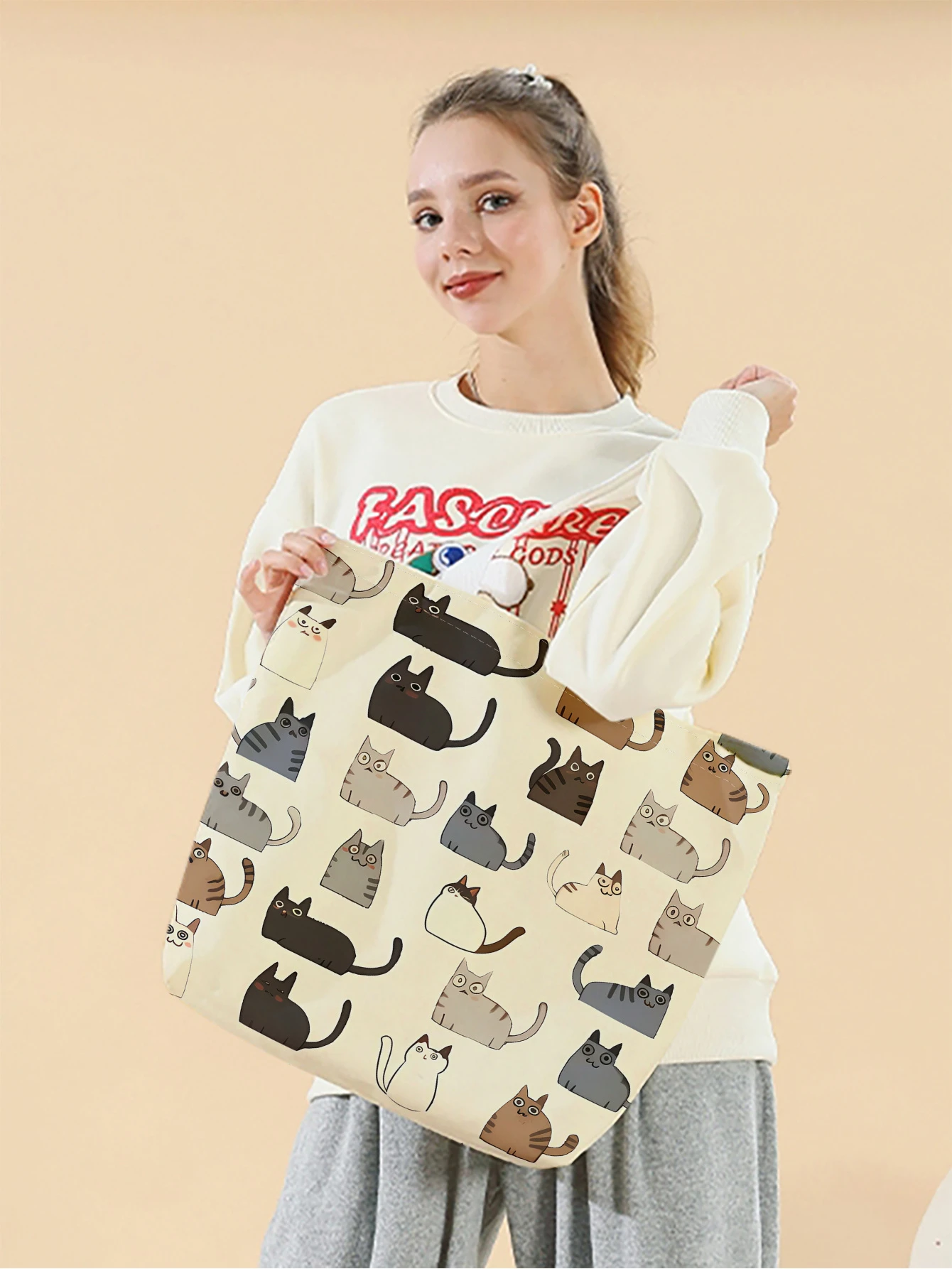 

1 шт., сумка с рисунком кота из мультфильма, модная многоразовая сумка, многофункциональная сумка, холщовая сумка для покупок с принтом