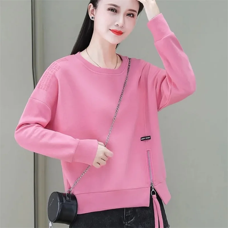 

T-Shirt Cotton Solid Color Zipper Round Neck Sportshirt Women's Short Coat 2024 Spring Autumn New Jacket Fashion Female Tide Top