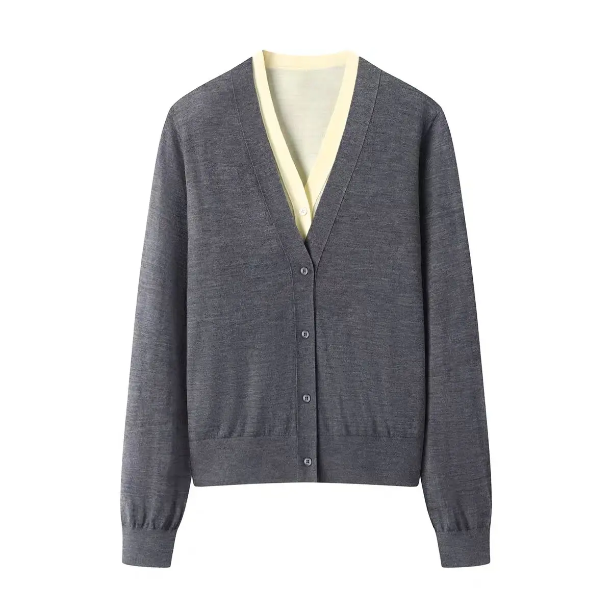 Merino 100% Wool Women's V-neck Cardigan Fake Two-piece Button Autumn Winter Casual Fashion Knitted Cashmere Sweater