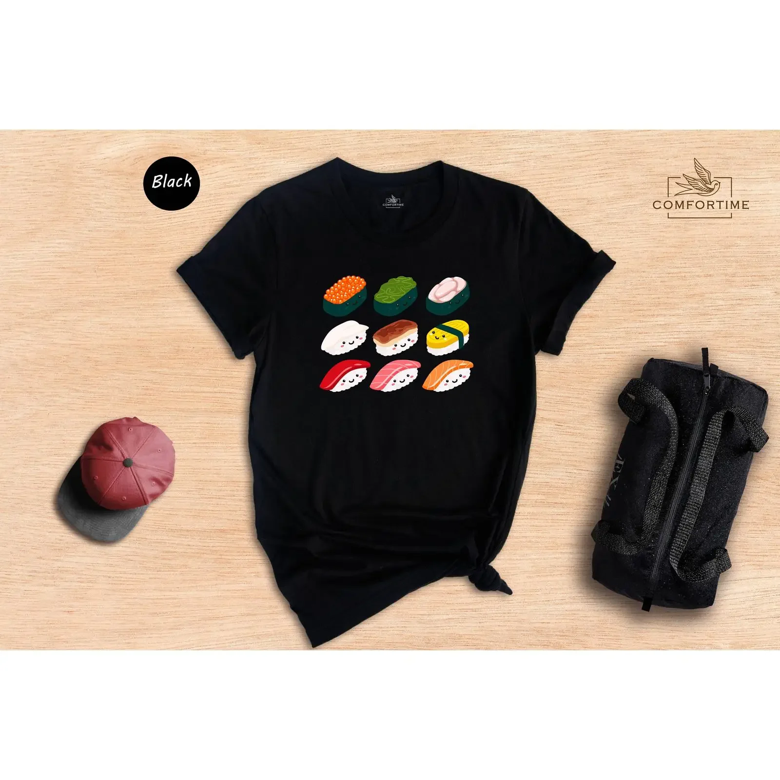 Cute Kawaii Sushi T Shirt Japanese Cuisine Foodie Casual Street Fashion for Food Lovers vintage Washed Soft Breathable graphic