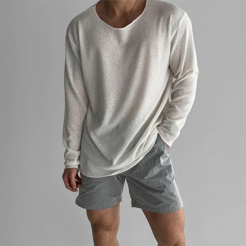 2026 Summer New Solid Men's Knitted Hollow Round Neck T-shirt Korean Fashion Harajuku Casual Loose Oversized T-shirt Streetwear