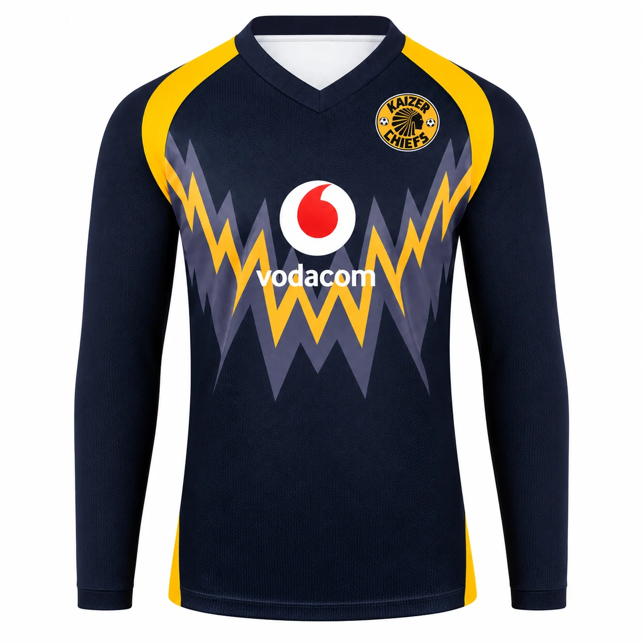 2026-27 Kaizer Chiefs Away Football Jersey Men Women Navy Yellow Zigzag V Neck Long Sleeve Soccer Shirt Fan Sportswear
