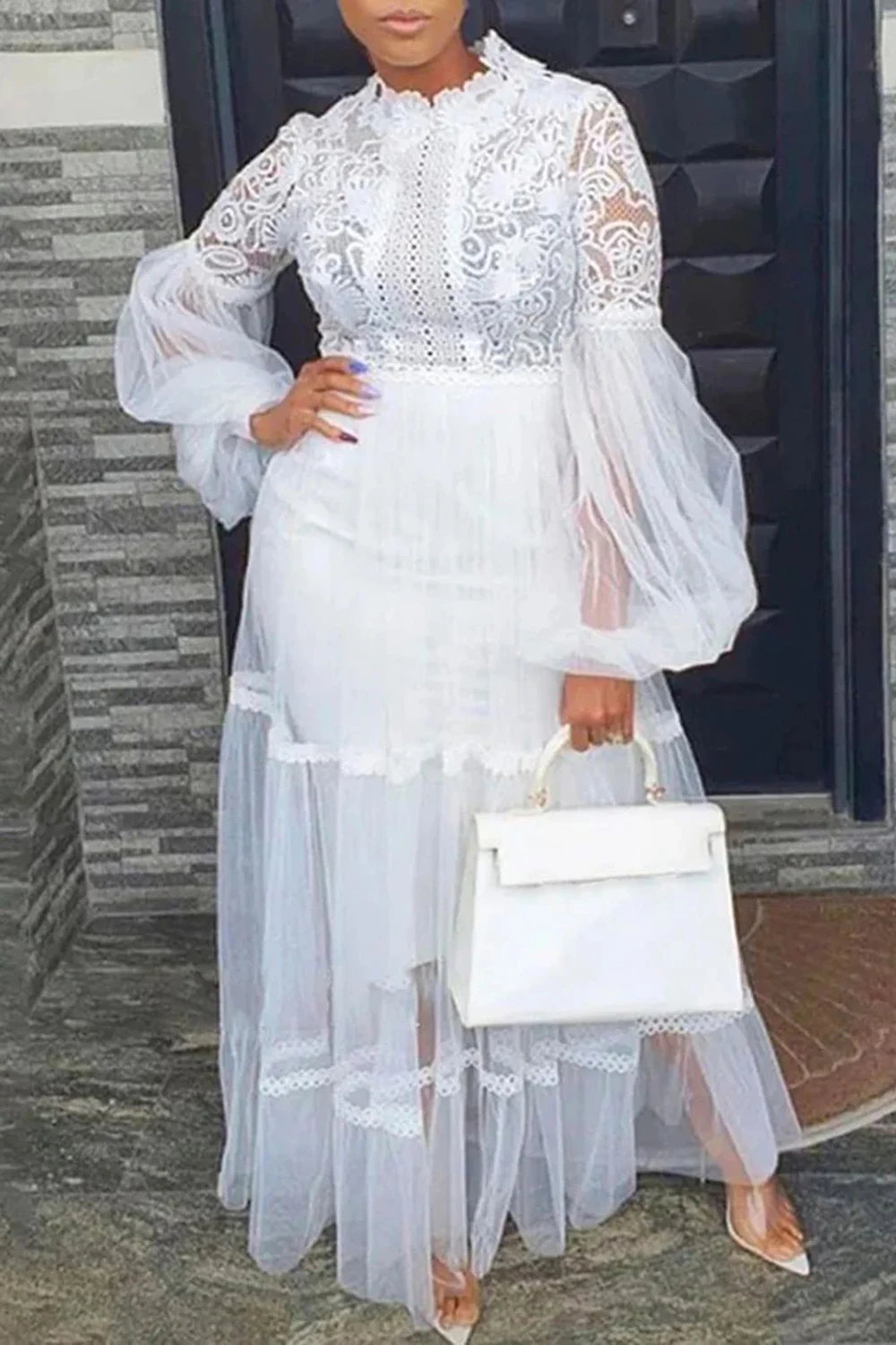 Plus Size Wedding White Stand-Up Collar Long Sleeve Contrast See Through Lace Maxi Dresses