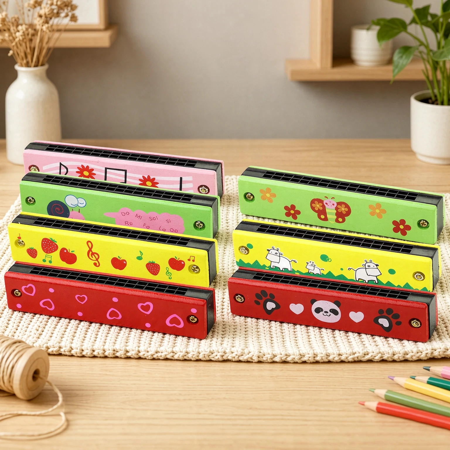 Colorful Cartoon Printed Wood Harmonica Beginner Wind Instruments for Party Favors Music Exploration Fun Activity Supplies TMZ