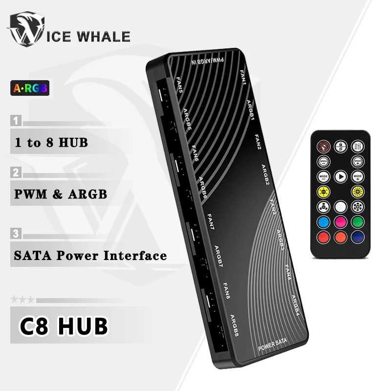 ICE Whale C8 1 إلى 8 PWM & ARGB حافظة مروحة محور الفاصل 4Pin PWM عنونة ARGB محول SATA واجهة الطاقة مع جهاز التحكم عن بعد