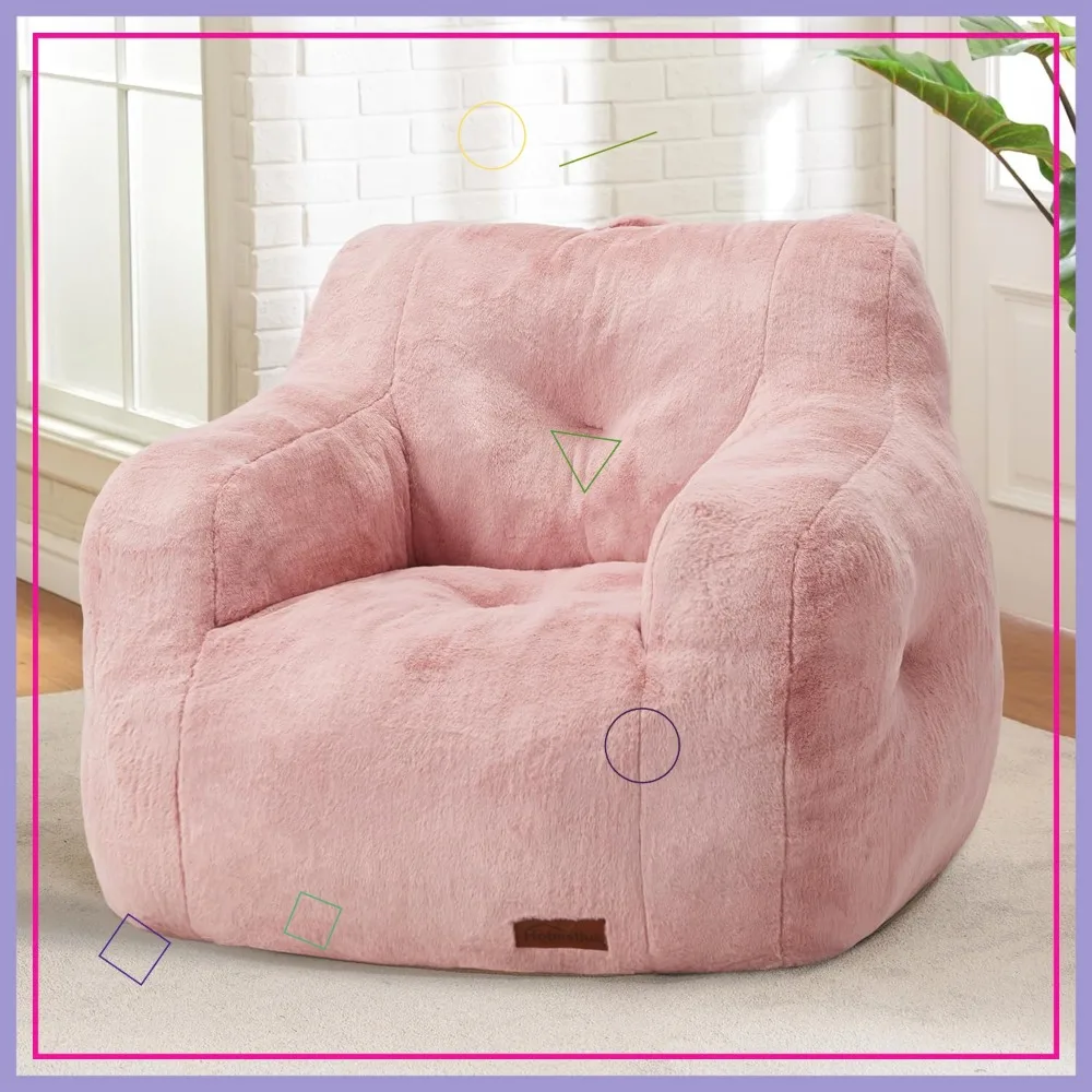 

Small Furry Bean Bag Chair with Arms - Plush Foam Filler for Adults in Bedroom, Living Room & Dorms (Pink)
