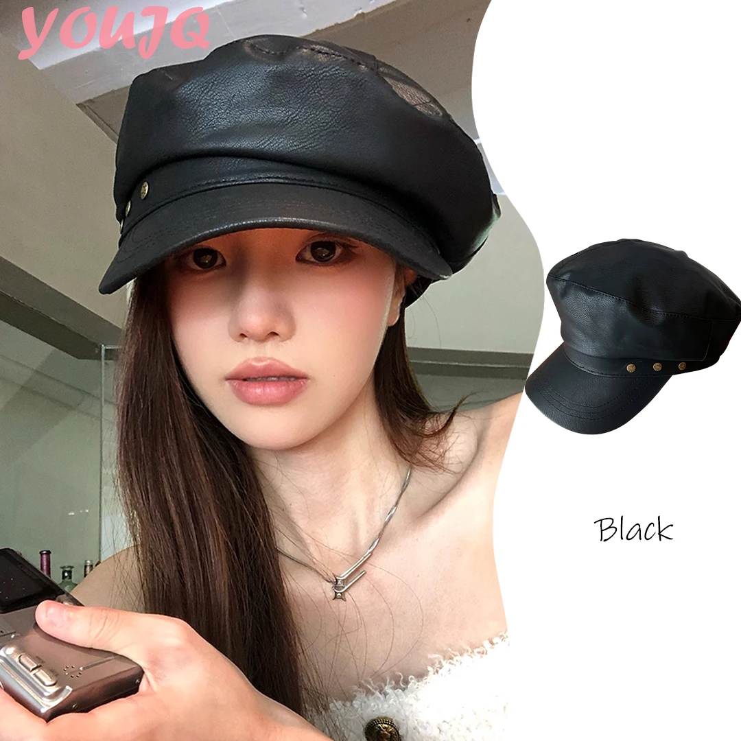 

Черная шляпа газетчика из искусственной кожи в стиле ретро, берет, женская осенне-зимняя кепка, шляпа для показа лица, маленькие облака, восьмиугольные женские шапки, капот