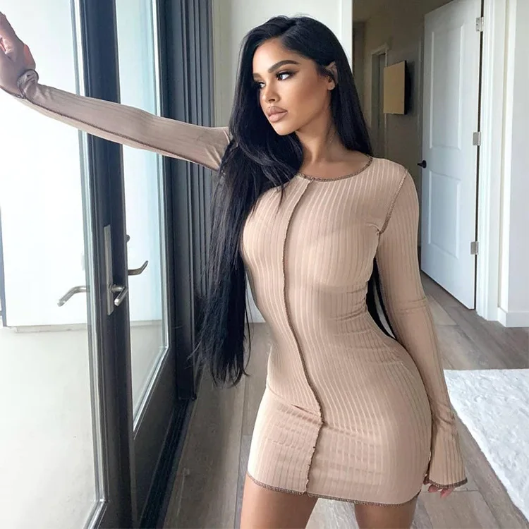 European and American Hot Selling Sexy Knitted Round Neck Hip Hugging Long Sleeved Dress Sexy Slim Fit Women\'s Dress