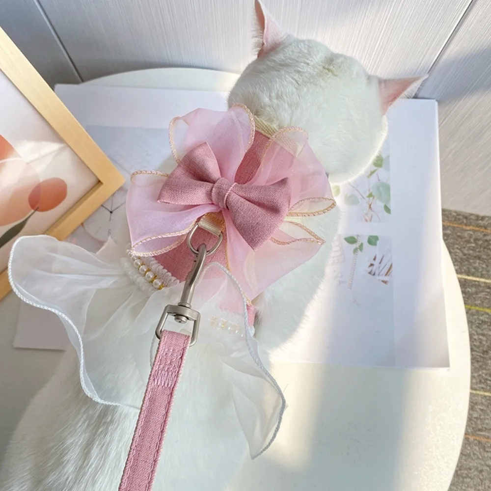 

Cute Princess Style Cat Harness Leash Adjustable Nylon Cat Vest with Bowknot Breathable Pet Chest Strap Outdoor