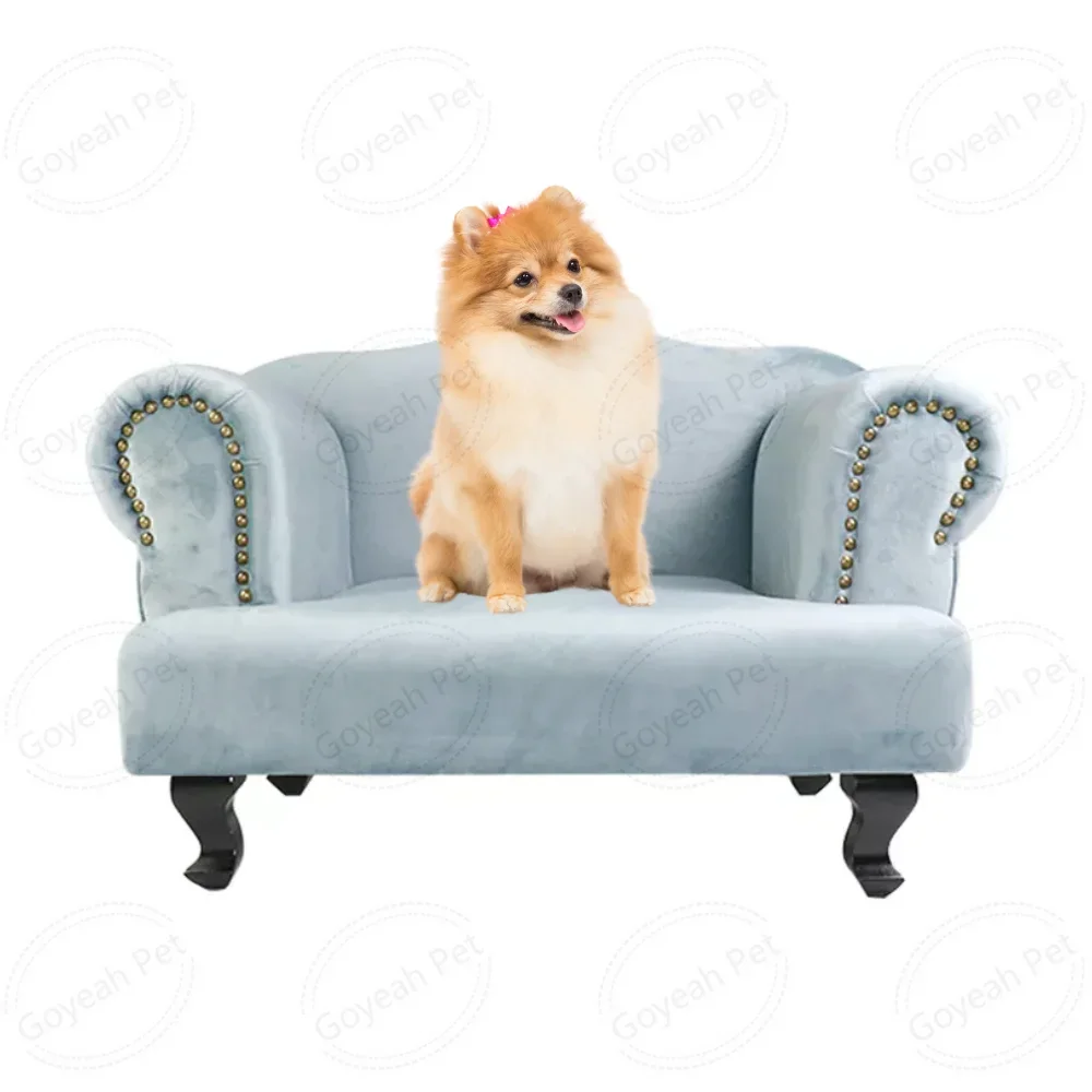 Luxury Pet Furniture Soft Dog Sofa Comfy Leather Pet Bed with Wooden Frame