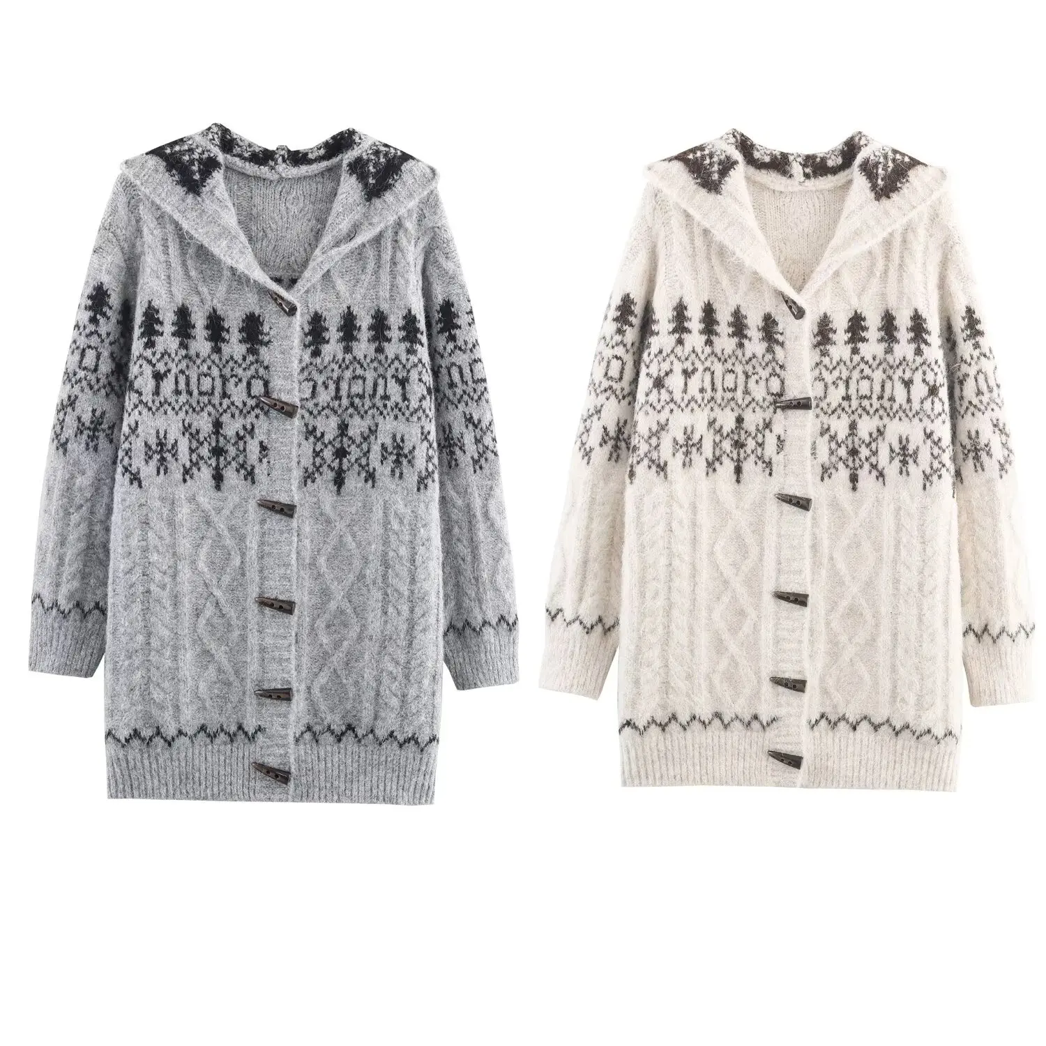 

DiYiG женский осенний 2021, новый модный жаккардовый вязаный кардиган, шикарный свитер с капюшоном и пряжкой в виде рога, с длинными рукавами, верхняя одежда Mujer