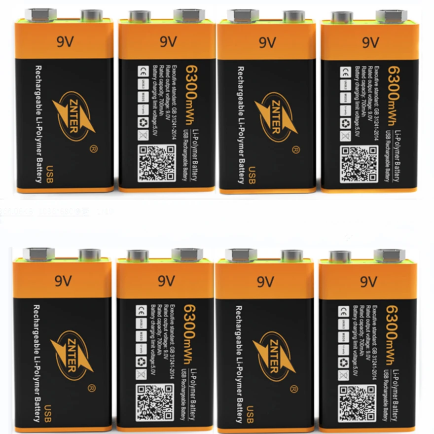 

8pcs/llot 100% ZNTER 9V 6300mWh Type-C Battery USB Rechargeable 9V 700mAh Lithium RC Battery for Microphone Camera Drone
