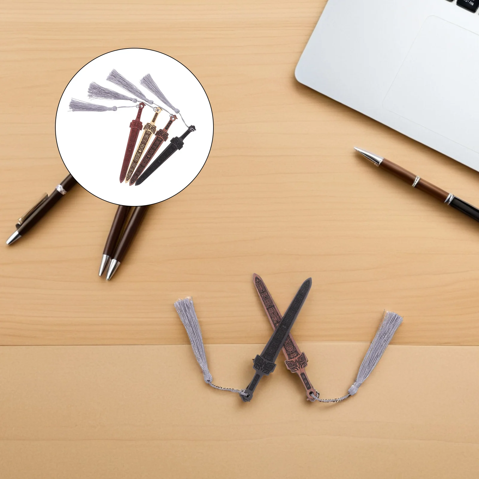 

4pcs Wooden Sword Bookmarks Chinese Style Vintage Reading Page Markers With Tassel Craft Charm For Diy Student Book Accessories