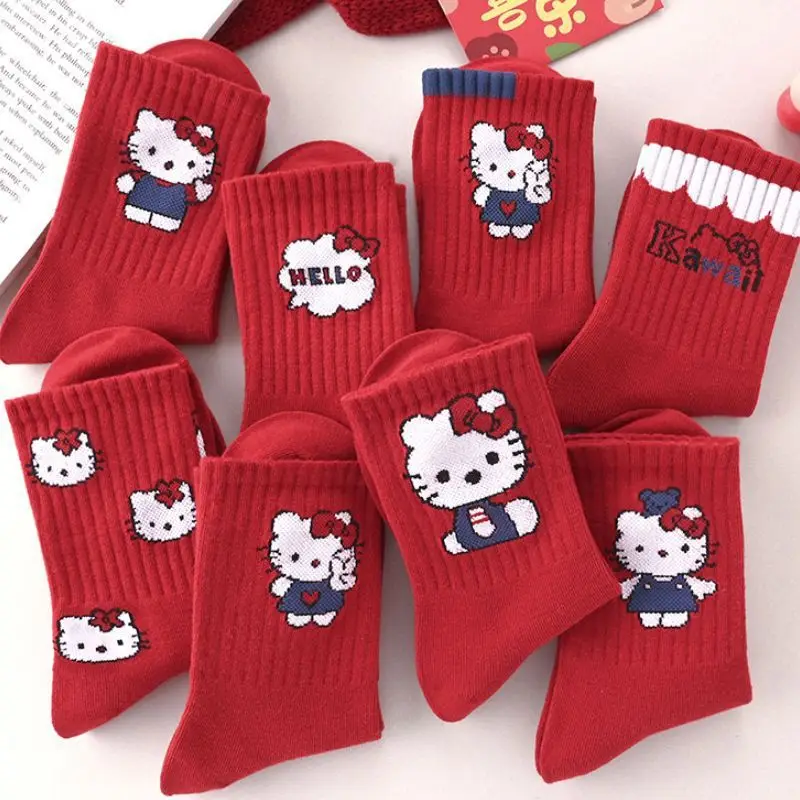 

Cute Hello Kitty Ladies Autumn and Winter Mid Tube Big Red Socks Cartoon Zodiac New Year Student Socks (starting From 2 Pairs)