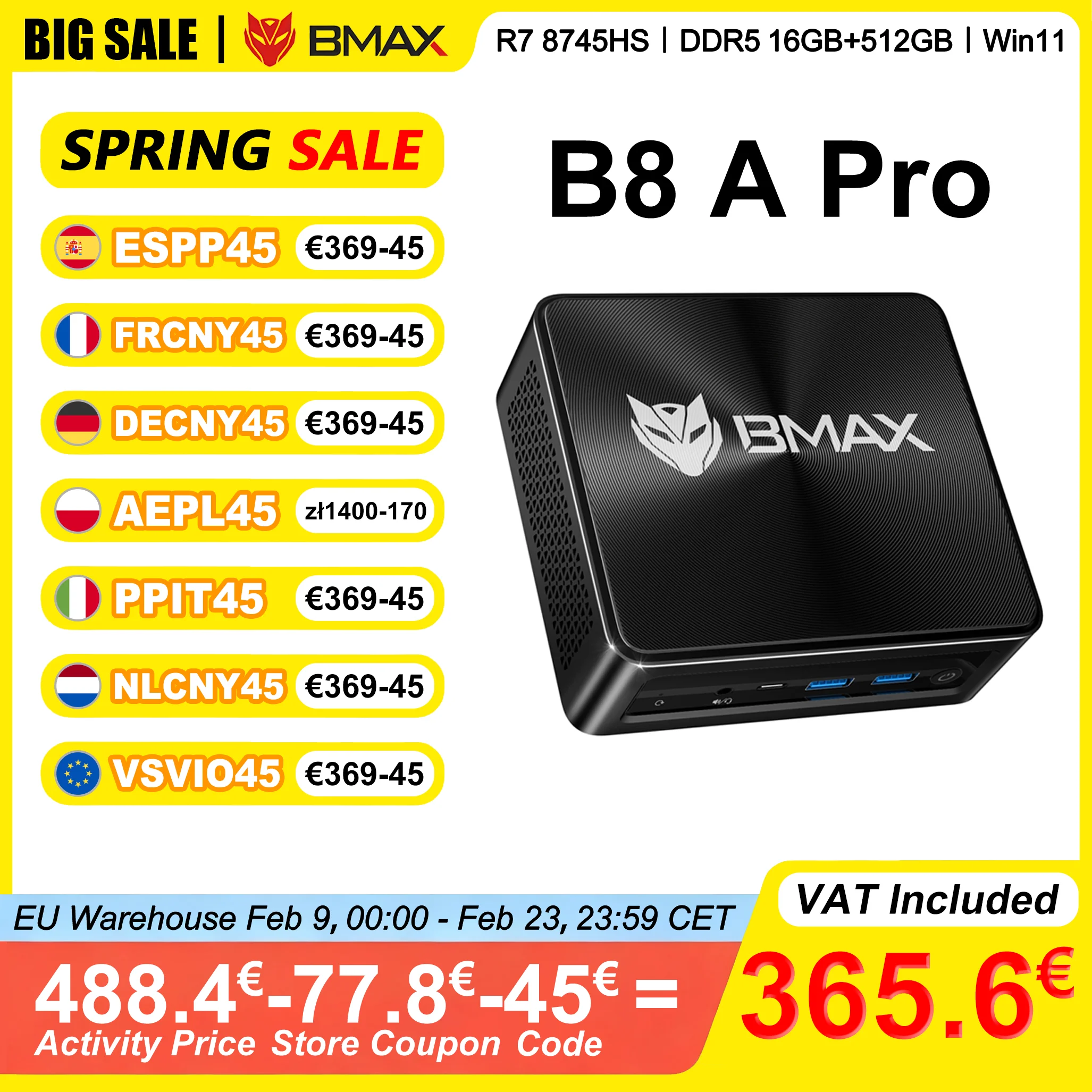 BMAX Mini PC B8 A Pro AMD Ryzen 7 8745HS 16GB DDR5 4800MHz RAM 512GB NVMe SSD Windows 11 Obsługuje 4K@60Hz WiFi 6 AMD Radeon 780M