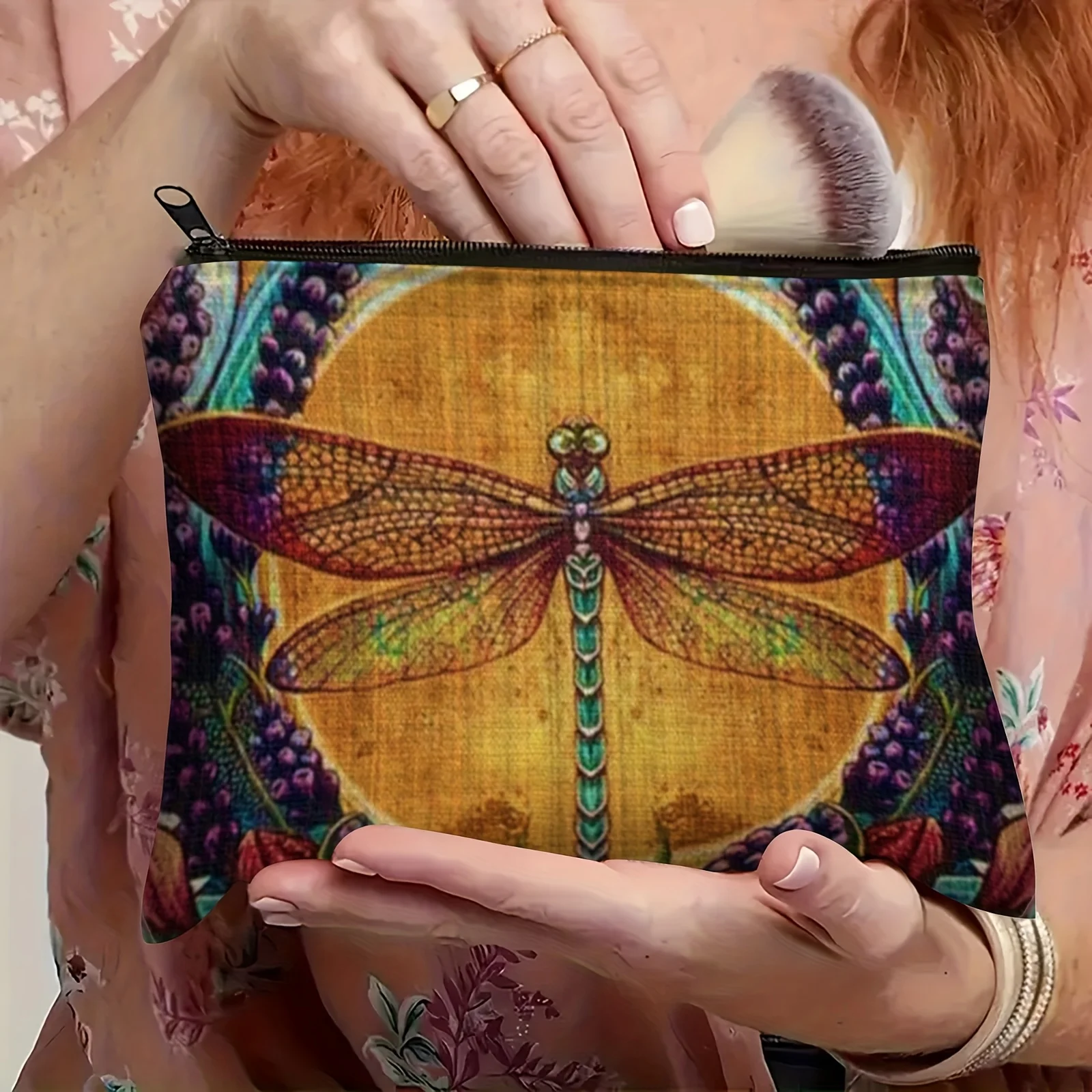 Un sac de maquillage rétro bohème libellule – Jolie pochette multifonctionnelle à fermeture éclair pour femmes, sac de rangement de bijoux