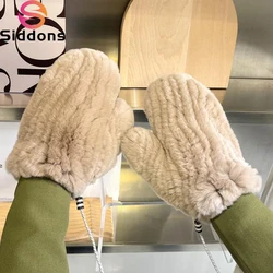 Hot Sale Winter Girl Natural Real Rex Rabbit Fur Gloves Good Elastic Knitted Rabbit Fur Mittens Lady Real Rex Rabbit Fur Gloves