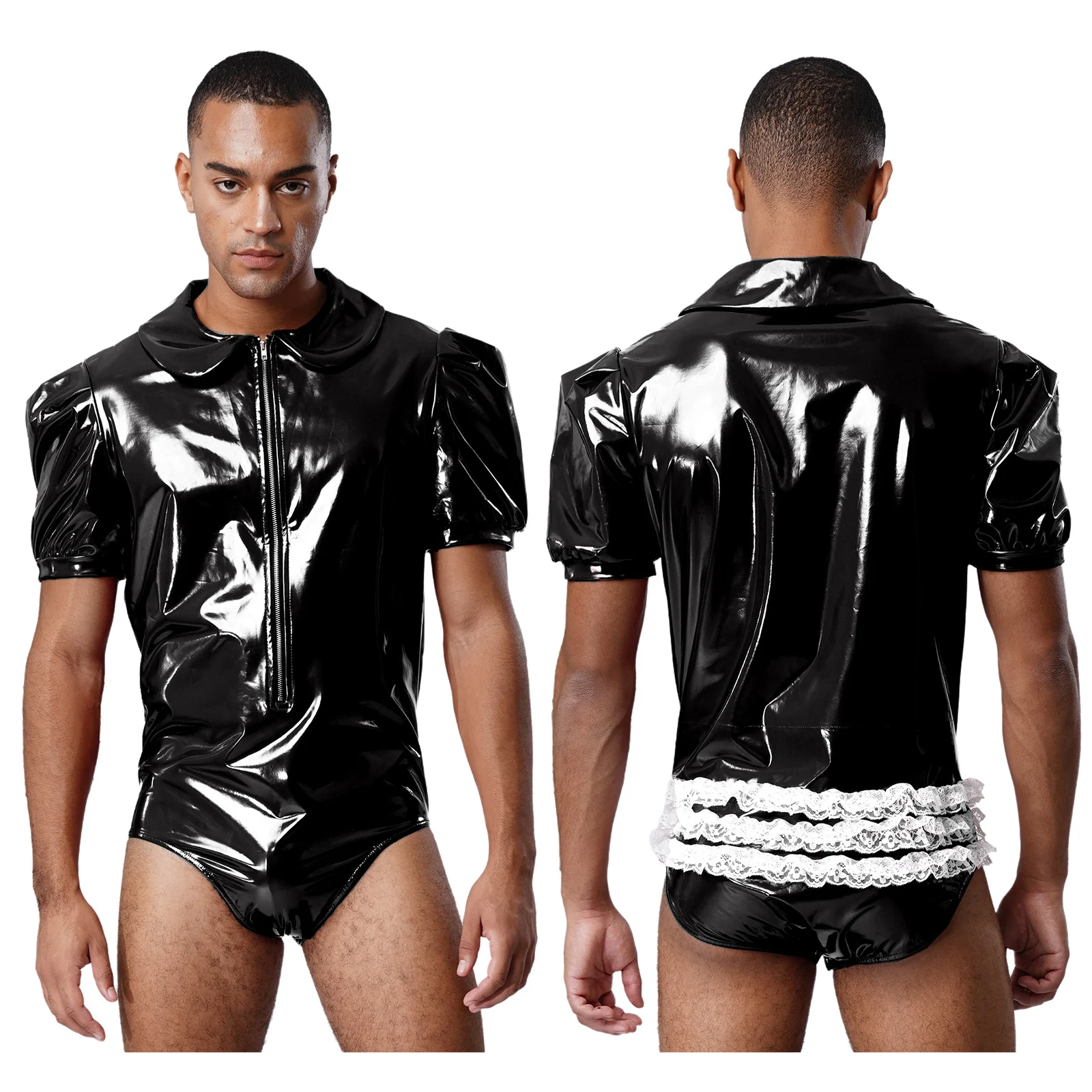 

Adults Men Fashion Lace Ruffled Crotch Bodysuit Sissy High Cut Suits Nightclub Party Raves Role Play Dance Performance Outfits