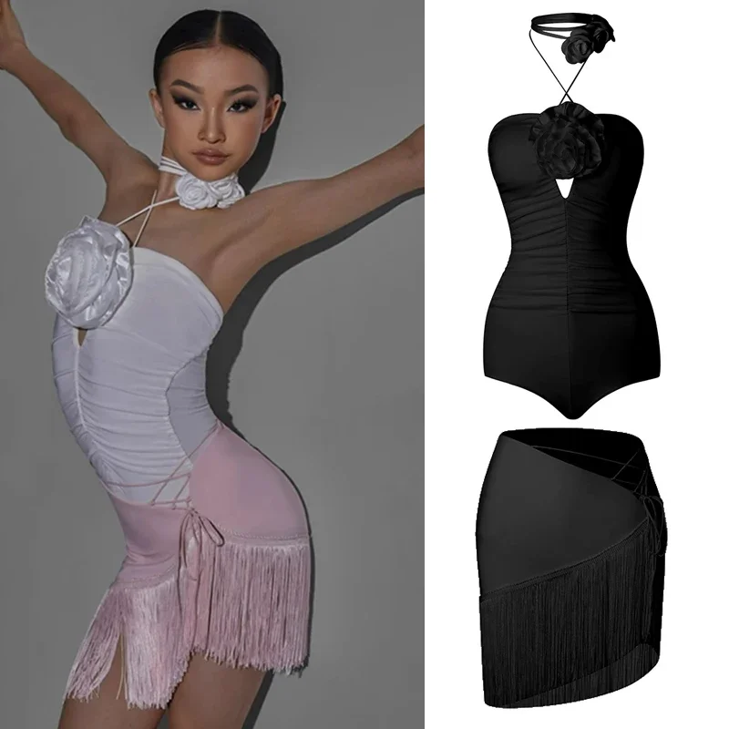 

Kids Latin Dance Costume Girls Flower Tops Fringe Skirt Cha Cha Ballroom Performance Clothes Rumba Dance Practice Dress DNV18215