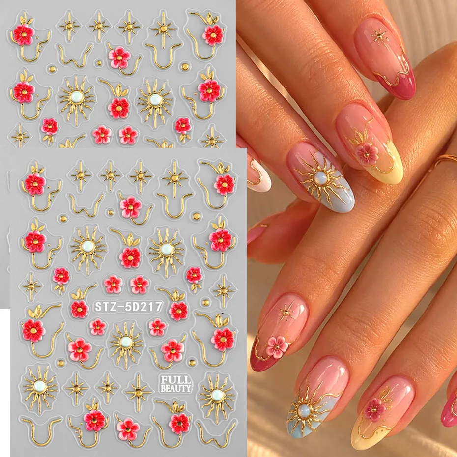 Luxury Floral 5D Embossed Nail Stickers Bronzing Flower Sun Star Gold Line Slider Decor Wedding Summer Fall Nail Accessories
