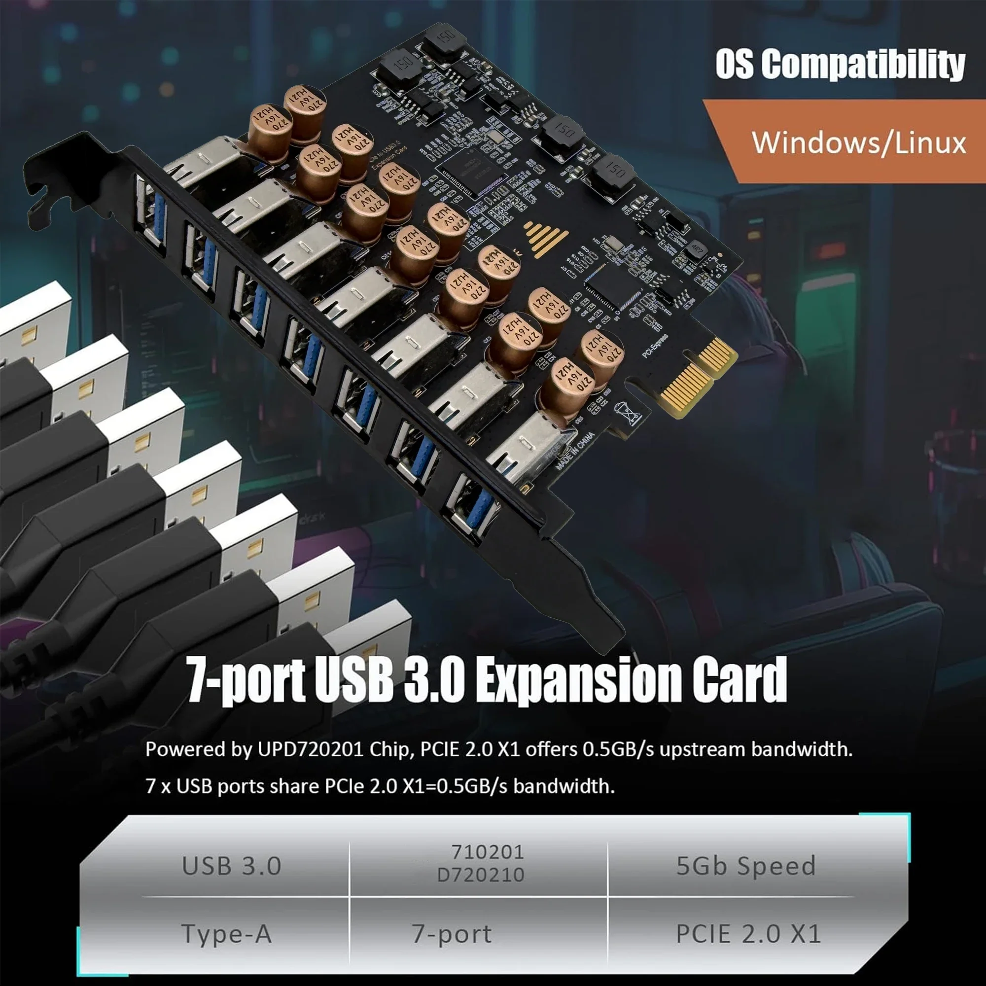 USB3.2 Gen1 5Gbps USB3.0 PCI Express Multiplier PCI E to 7ports USB 3 Hub Expansion Adapter Card PCI-E 1X Controller for Desktop