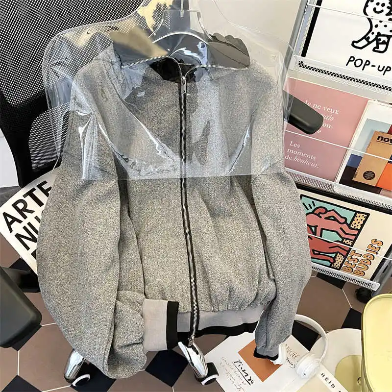 Frauen Grau Langarm Herbst Jacke Mäntel Vintage 2000er Jahre Harajuku Oversize Hoodie Rollkragen Patchwork Jacke Oberbekleidung Kleidung