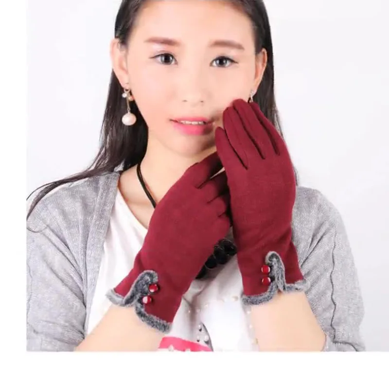 

Autumn Winter Women Non-Inverted Velvet Full Finger Warm Double Button Mitten Plush Wrist Inside Cotton Touch Screen Glove G82