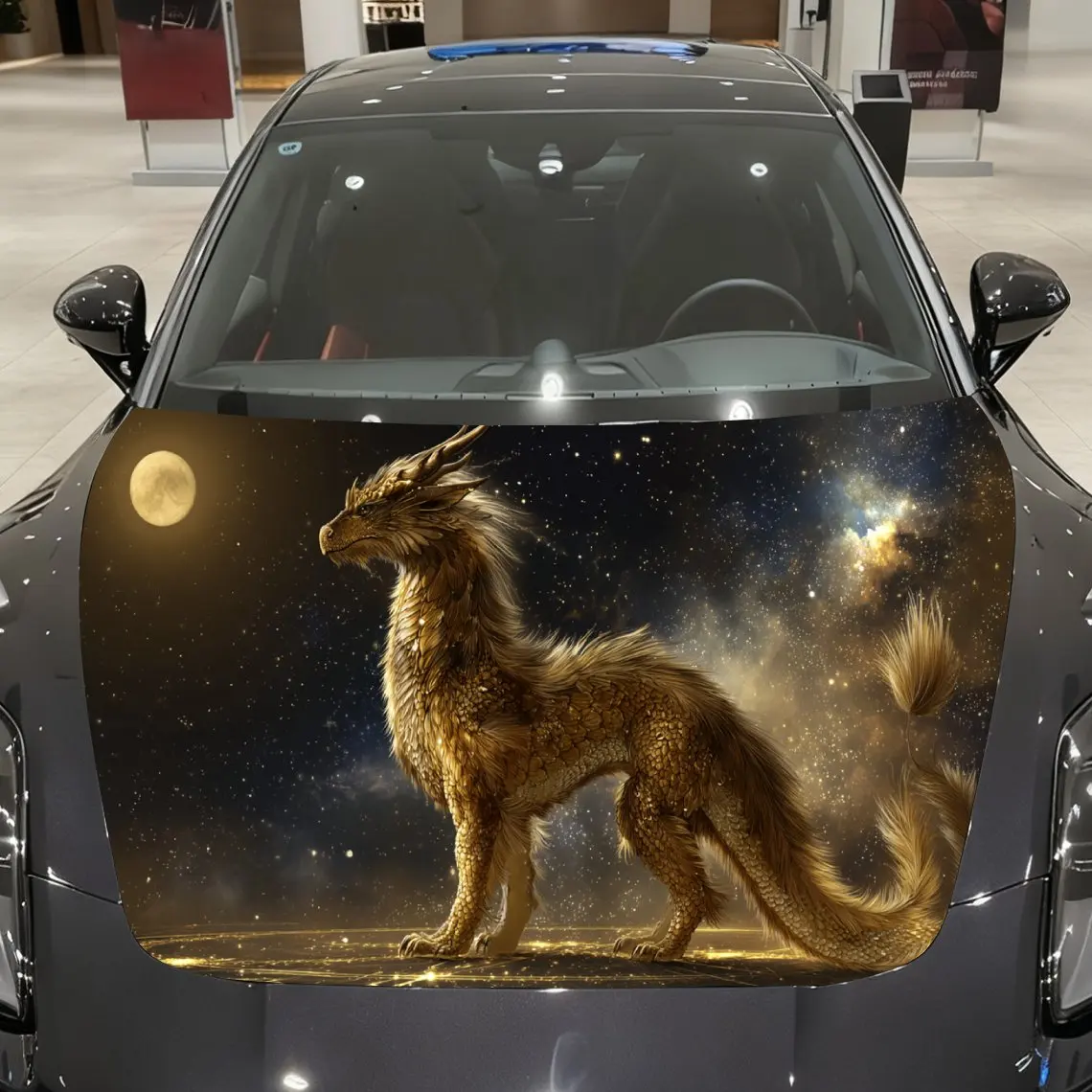 

Star Night Golden-scaled Dragon Car Vinyl Wrap, PVC Material Waterproof Car Hood Sticker, Self-Adhesive Scratch-Resistant Sticke