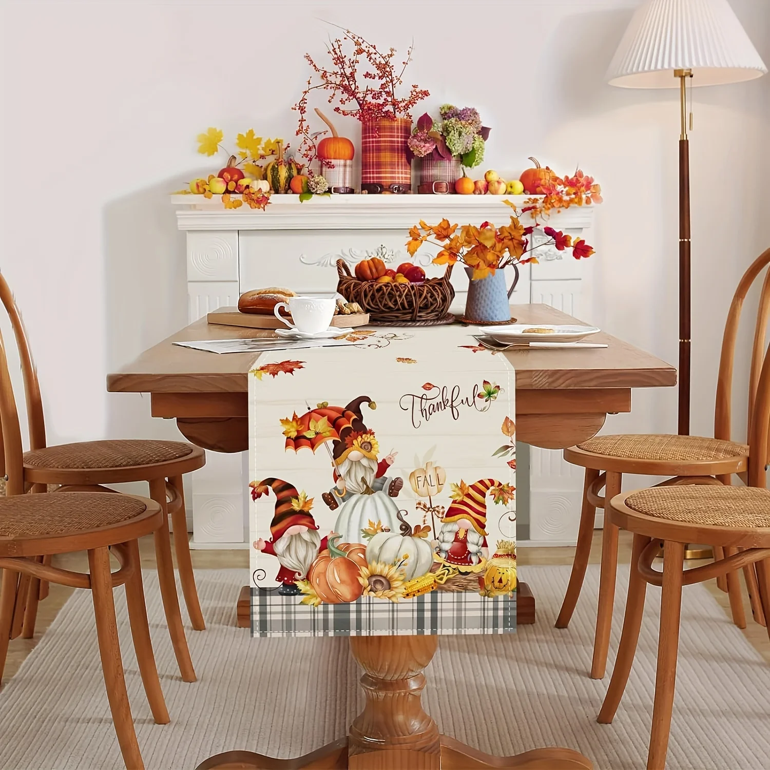 1pc Autumn Thankful Gnome Table Runner with Pumpkin, Sunflower & Maple Leaf, Perfect for Thanksgiving Dinner & Home Table