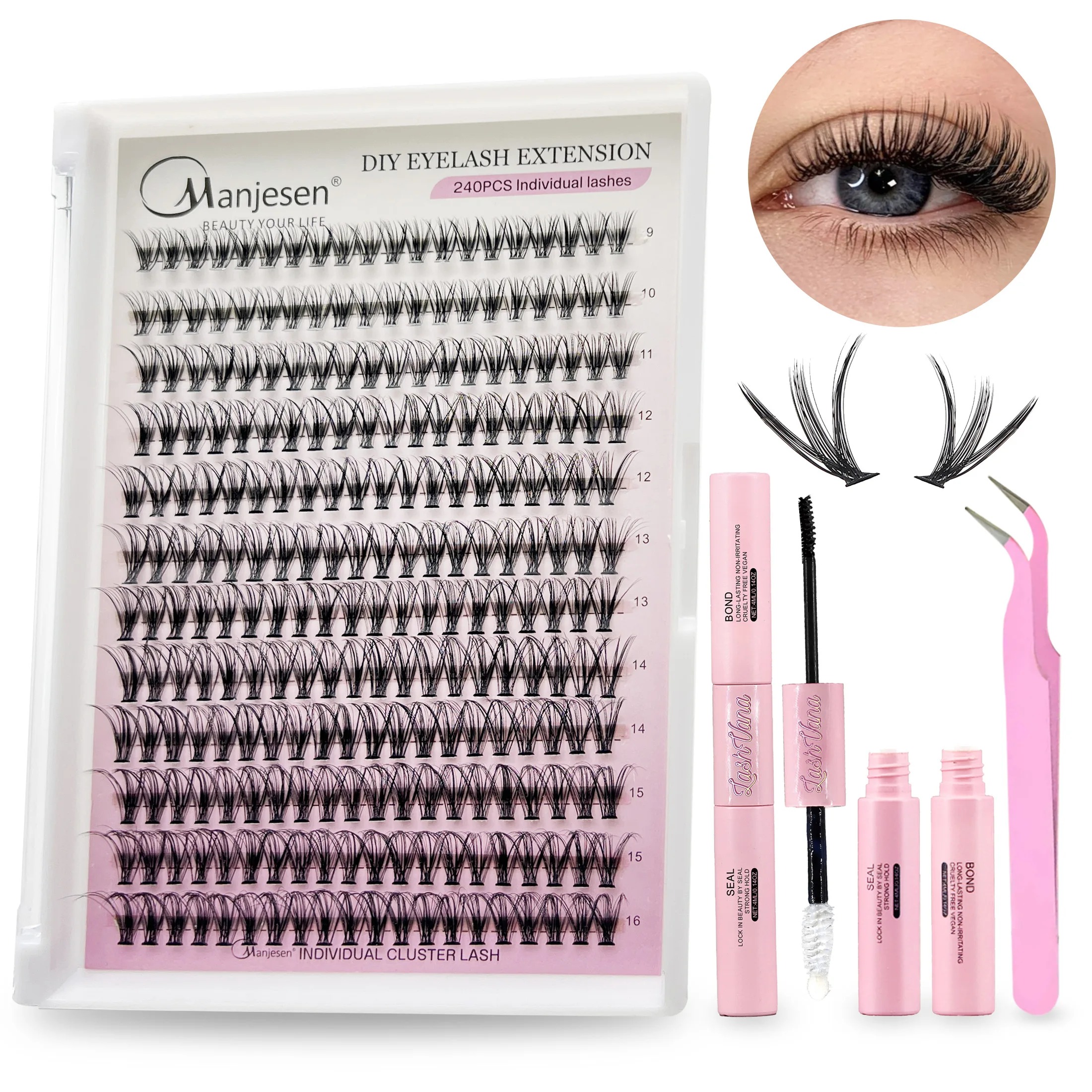 

Eyelashes 240PCS Clusters Lash Bond and Seal Makeup Tools DIY Lashes Extension Kit for Lashes Tweezers Waterproof Eyelashes Set