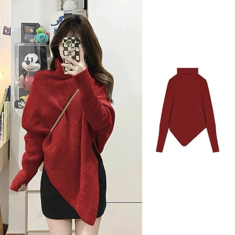 Sweater rajut wanita Korea, tebal, Turtleneck asimetris, Sweater longgar, wanita musim dingin, warna Solid, elastis, hangat, semua cocok