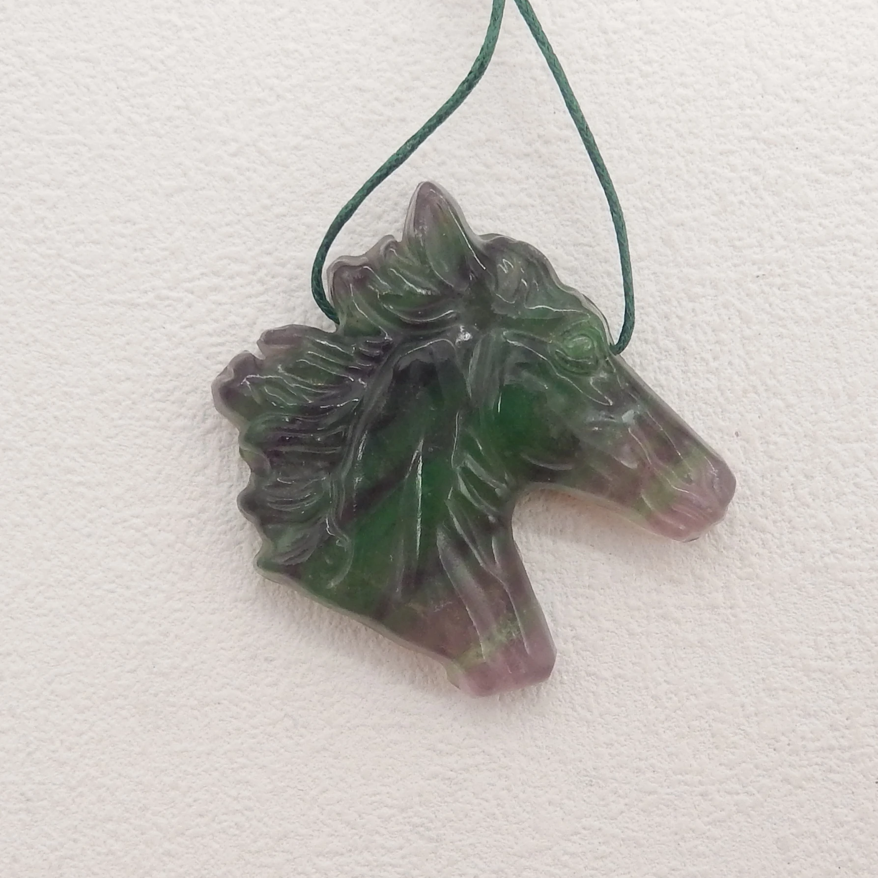 Semiprecious Natural Stone Rainbow Fluorite Carved Horse Head Pendant Bead,Fashion Jewelry Necklace Accessories 47x49x9mm 29g