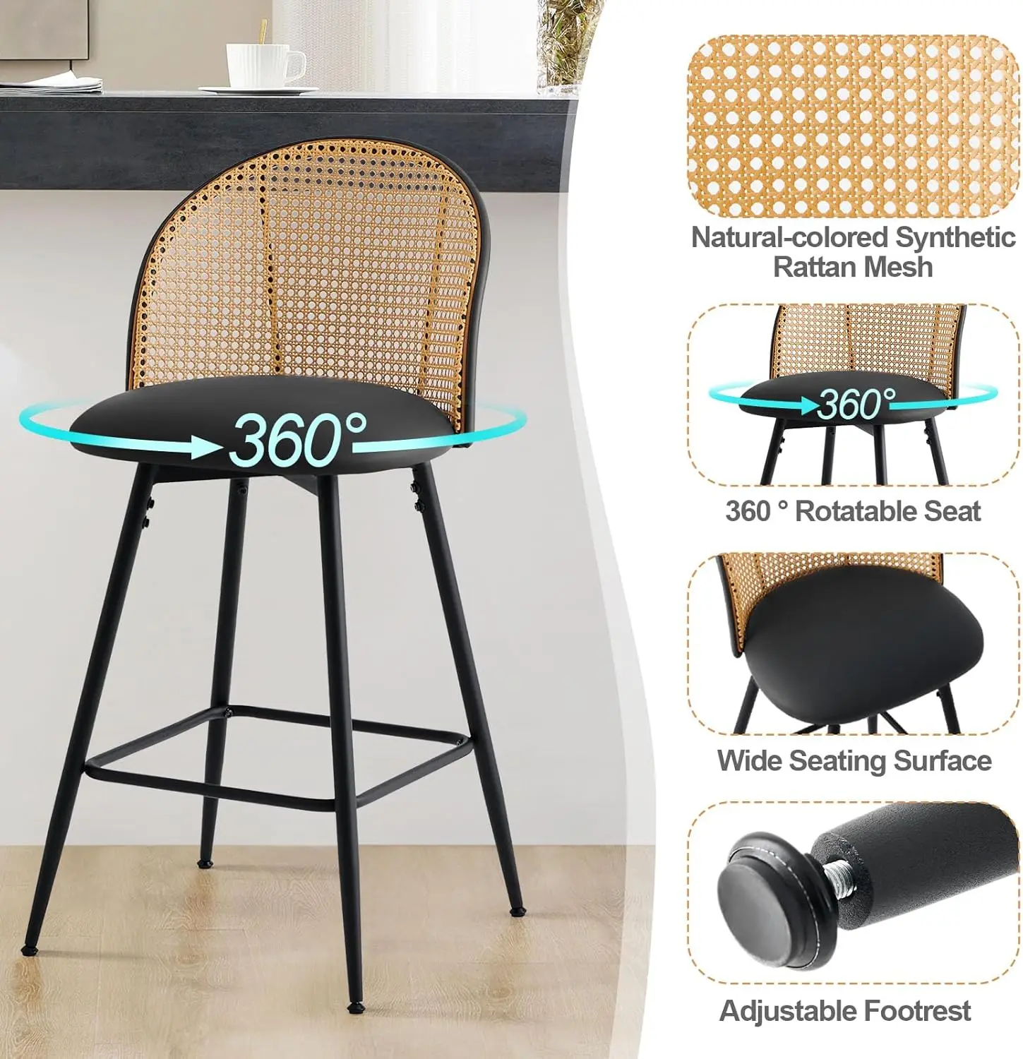 Bar Chairs with Rattan Back & Metal Legs, Upholstered Faux Leather Barstools Island Stools for Kitchen Counter Home Bar
