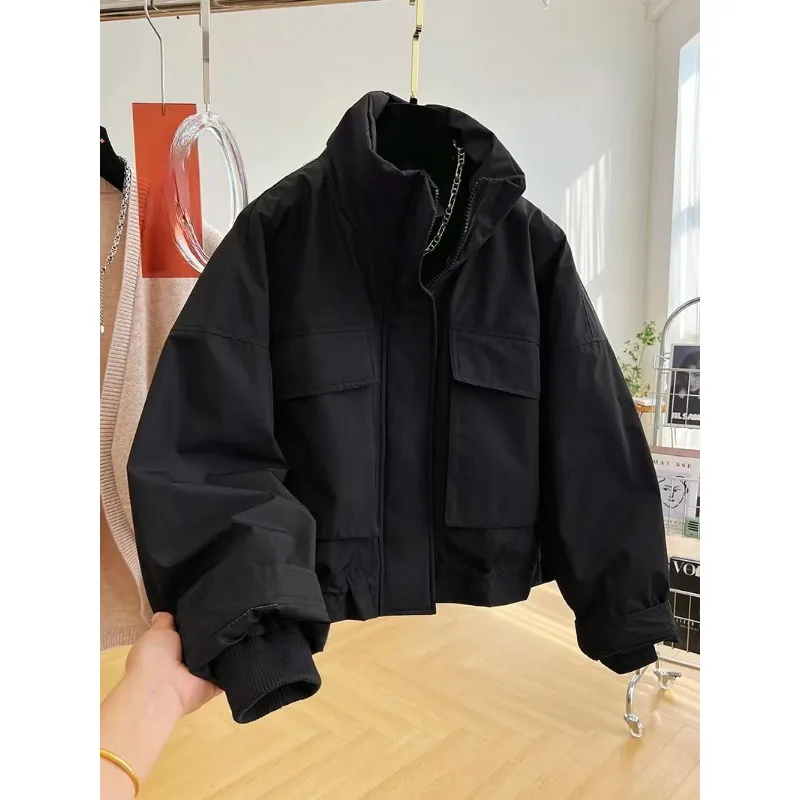 New Winter Maillard Outfit Features Cotton-padded Large Pocket Windbreaker Cotton Jacket Stand-up Collar Loose Casual Short Coat