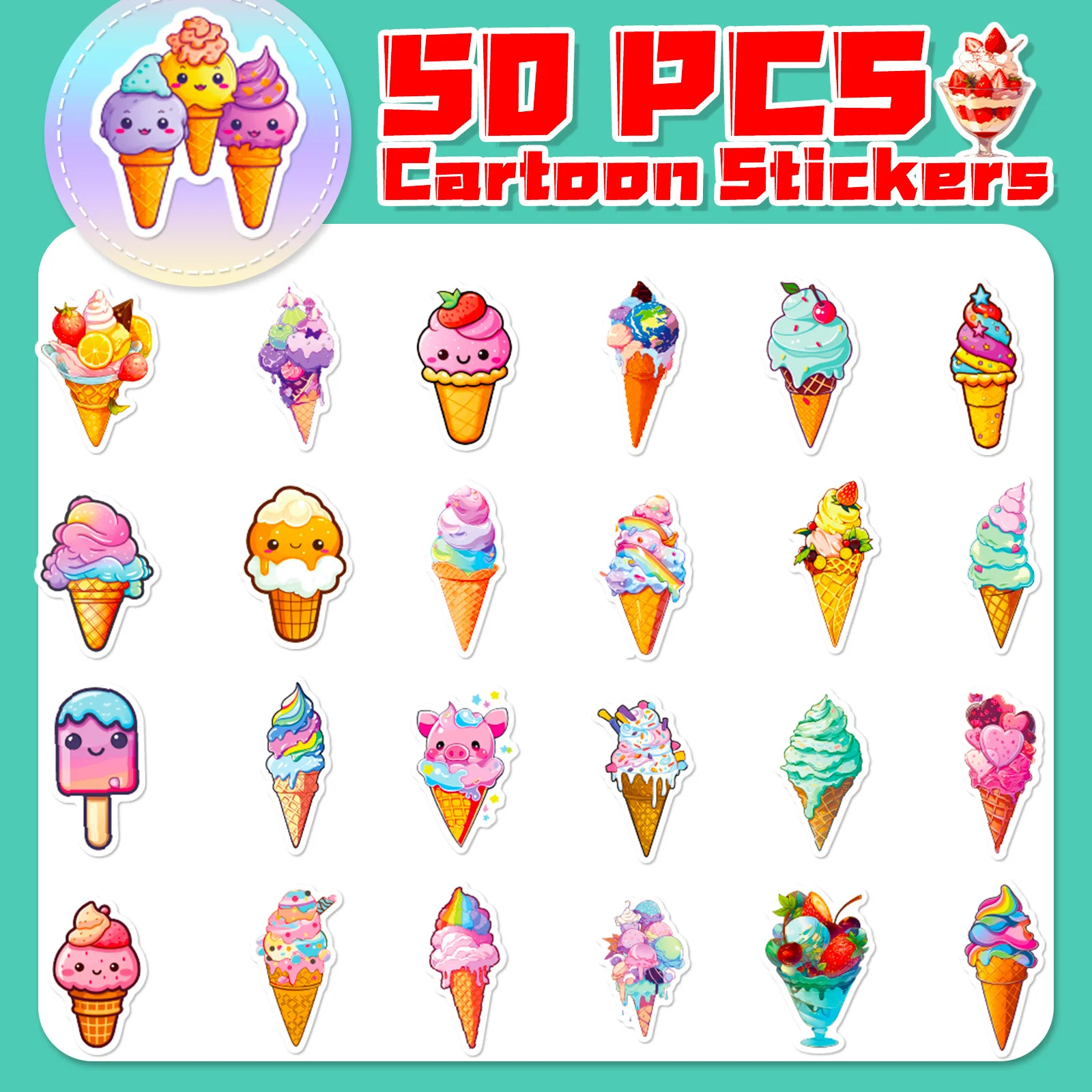 50pcs Colorful Sweet Summer Cone Chocolate Ice Cream Pink Cute Style Graffiti Waterproof Sticker